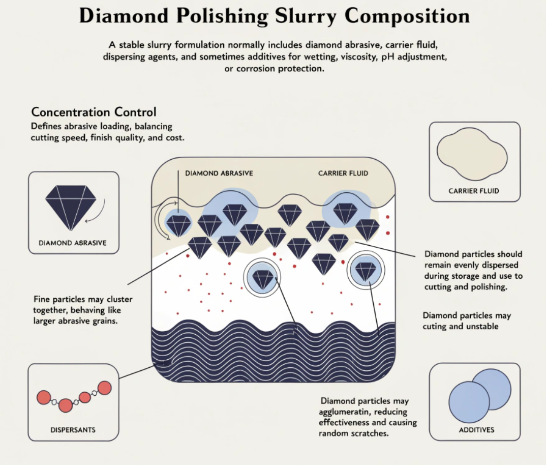 Main components of diamond polishing slurry including diamond particles, carrier fluid, dispersants, and additives