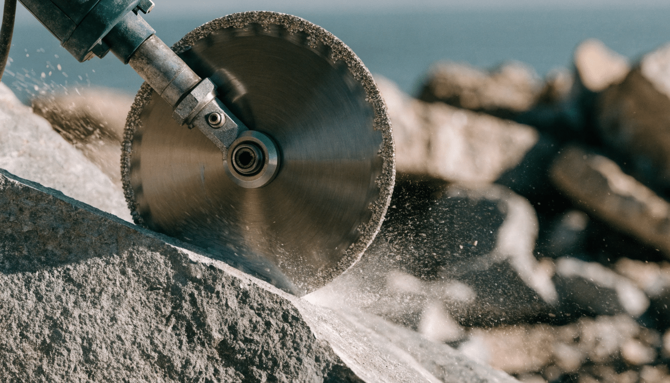 Diamond saw blade cutting through stone