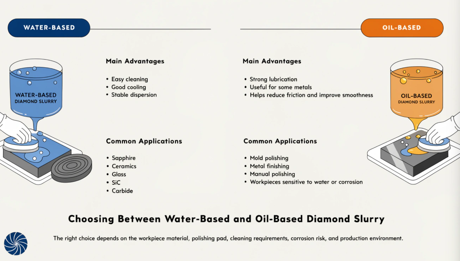 Comparison of water-based diamond slurry and oil-based diamond slurry for different polishing applications