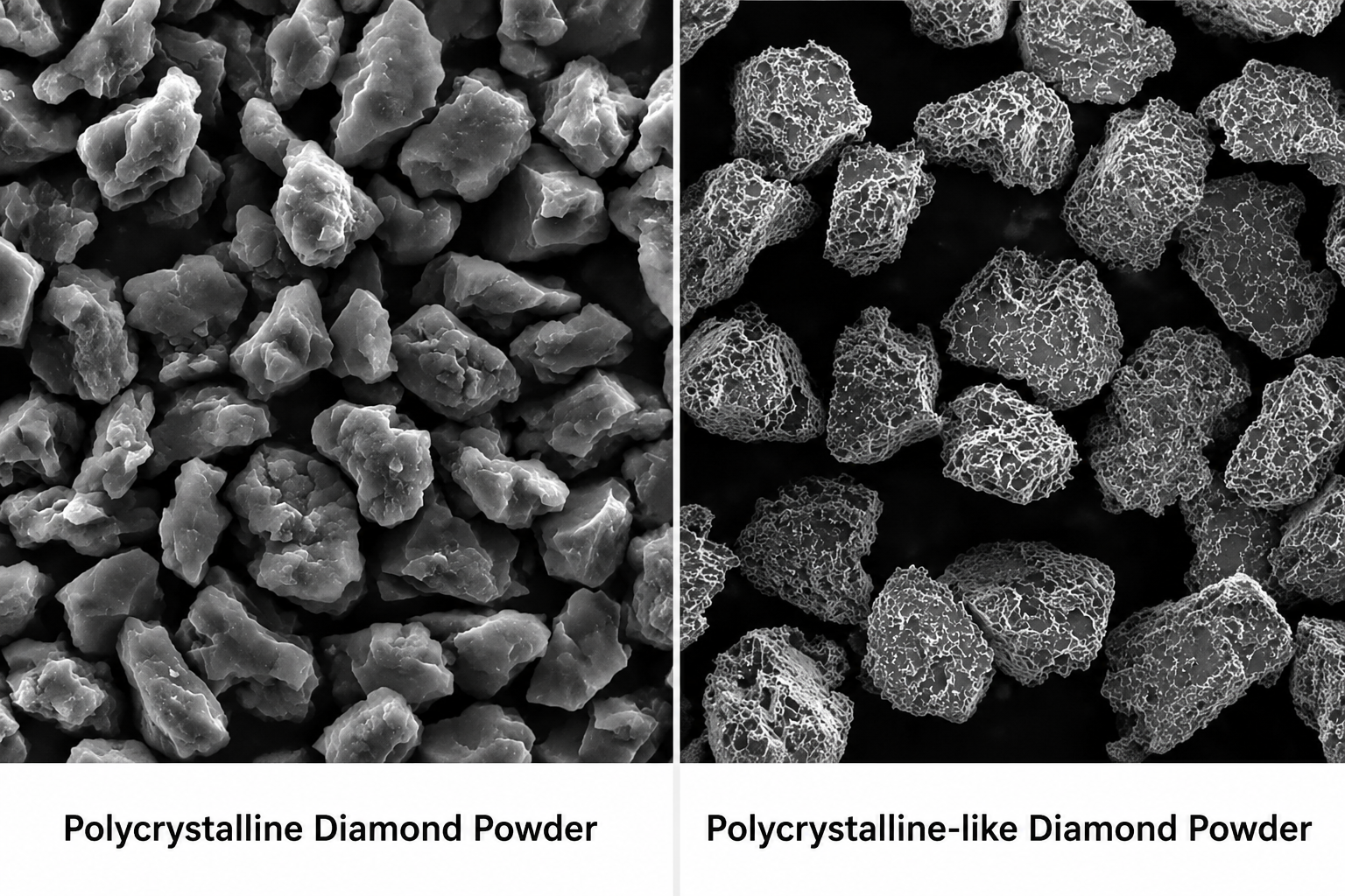 SEM comparison of Polycrystalline Diamond Powder and Polycrystalline-like Diamond Powder showing differences in particle morphology and surface structure